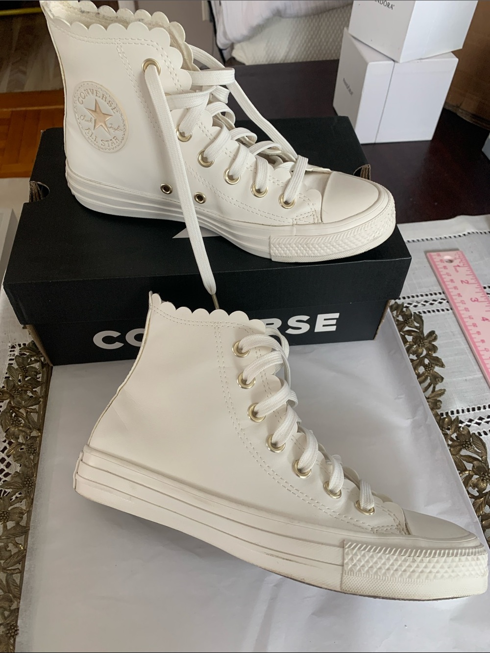 Converse Cream/Off-White High-Top Sneakers with Scalloped Trim
